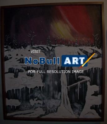 Winter Falls - Winter Falls Under Northern Lights - Acrylic On Panel W Raised Mode